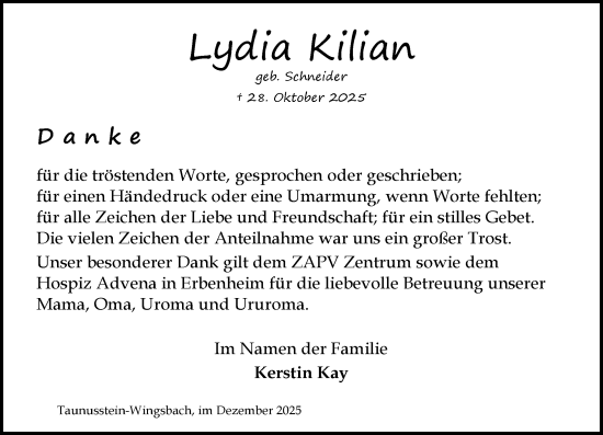 Traueranzeige von Lydia Kilian von Wiesbadener Kurier