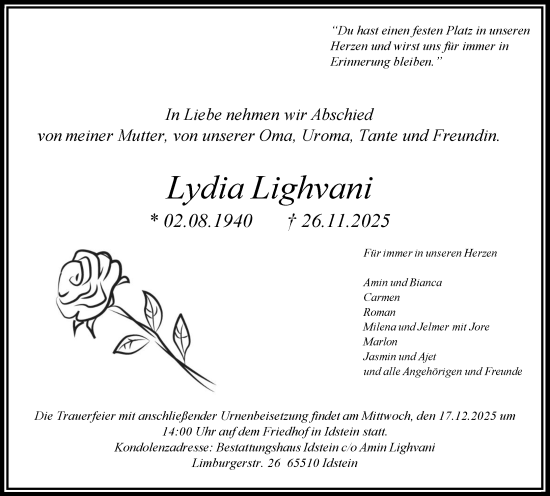 Traueranzeige von Lydia Lighvani von Wiesbadener Kurier