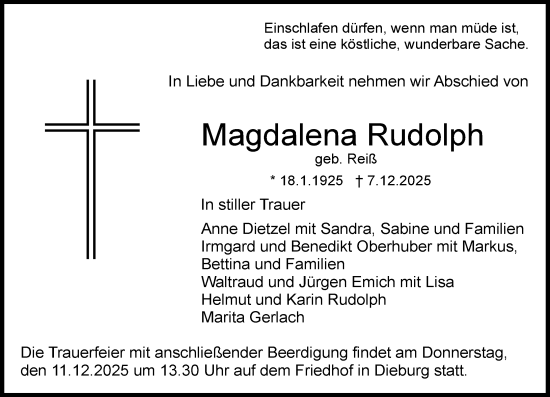 Traueranzeige von Magdalena Rudolph von Dieburger Anzeiger/Groß-Zimmerner Lokal-Anzeiger