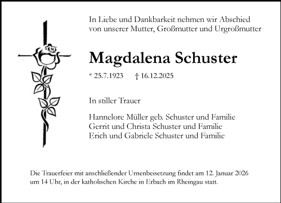 Traueranzeige von Magdalena Schuster von Wiesbadener Kurier