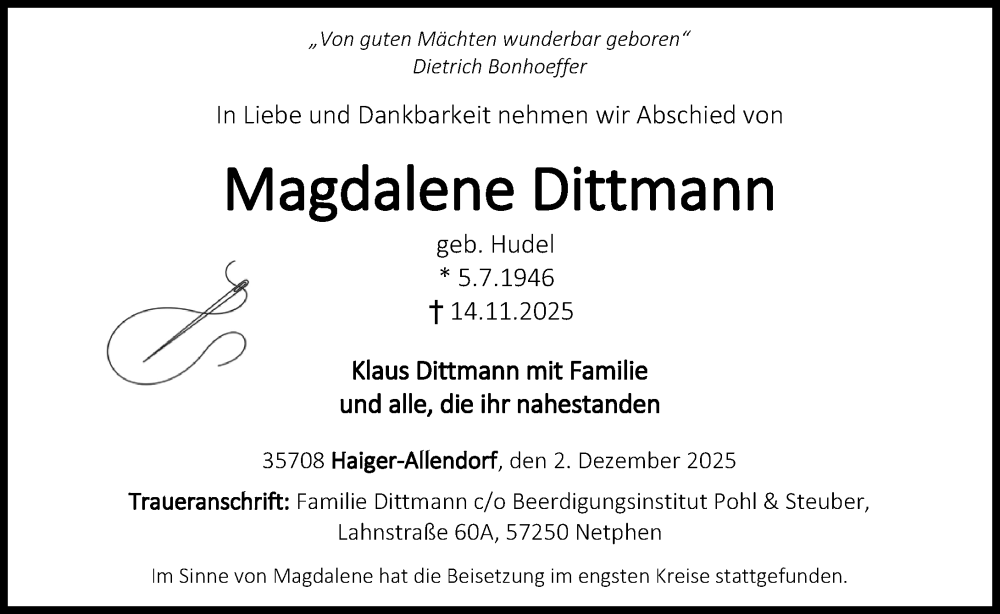  Traueranzeige für Magdalene Dittmann vom 02.12.2025 aus Dill Block