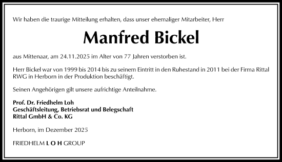 Traueranzeige von Manfred Bickel von Dill Block
