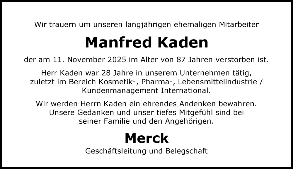  Traueranzeige für Manfred Kaden vom 08.12.2025 aus Darmstädter Echo