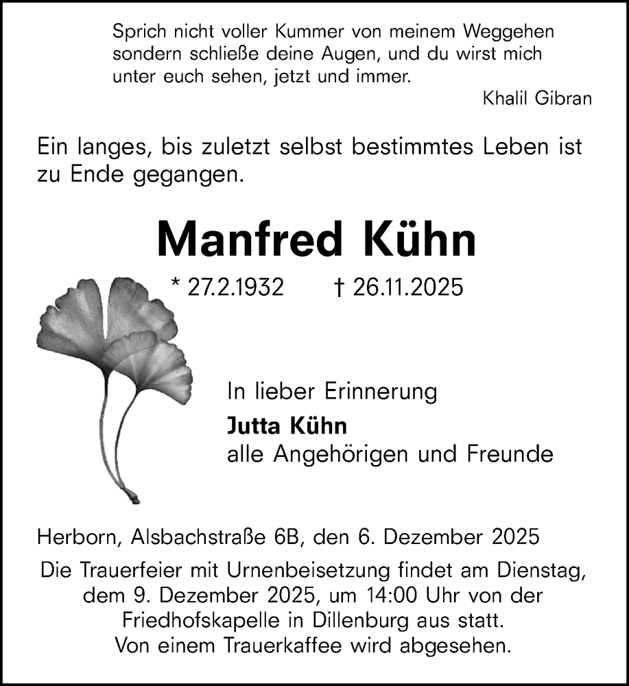  Traueranzeige für Manfred Kühn vom 06.12.2025 aus Dill Block