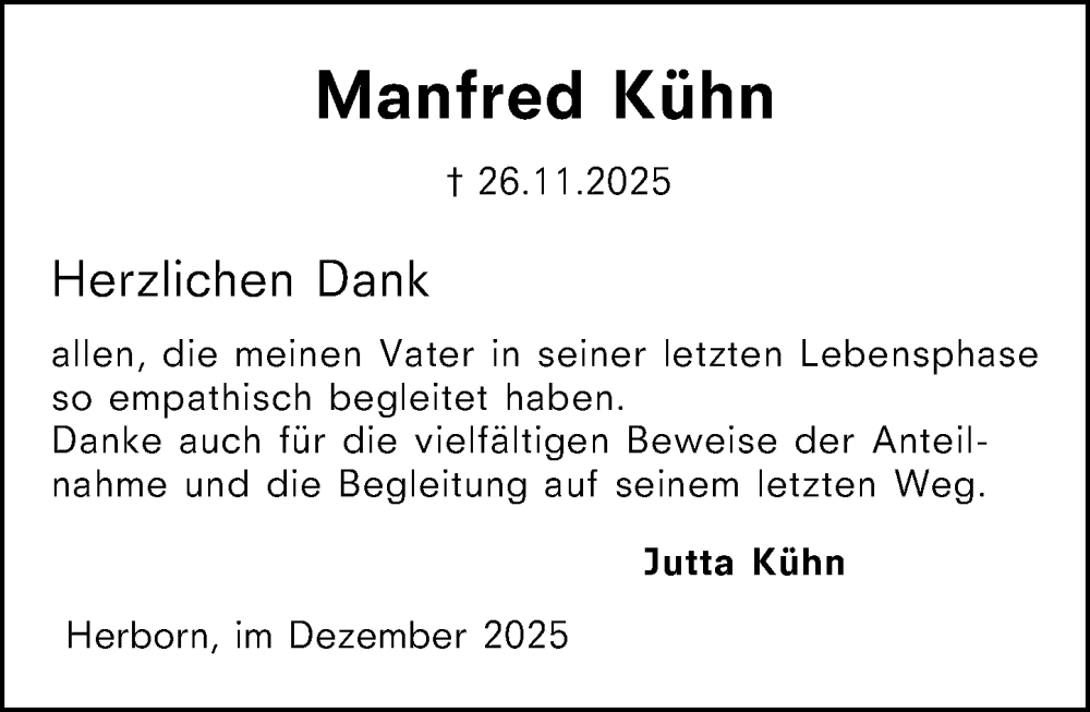  Traueranzeige für Manfred Kühn vom 20.12.2025 aus Dill Block