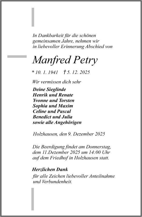 Traueranzeige von Manfred Petry von Wetzlarer Neue Zeitung