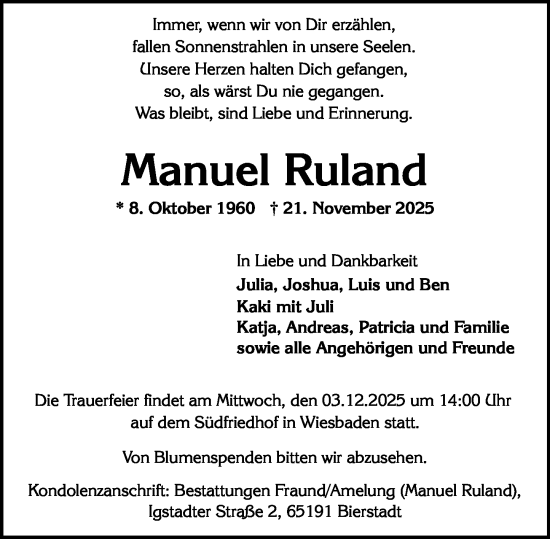 Traueranzeige von Manuel Ruland von Wiesbadener Kurier
