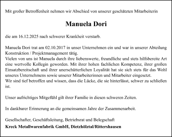 Traueranzeige von Manuela Dori von Dill Block