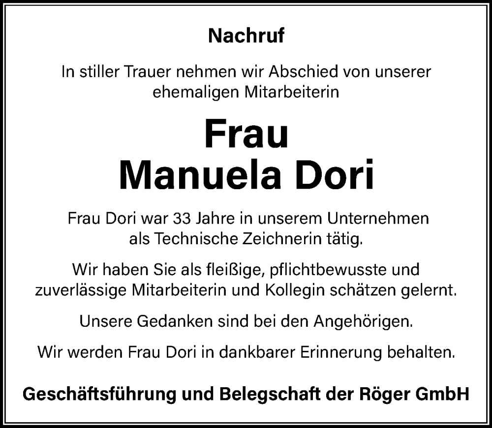  Traueranzeige für Manuela Dori vom 27.12.2025 aus Dill Block