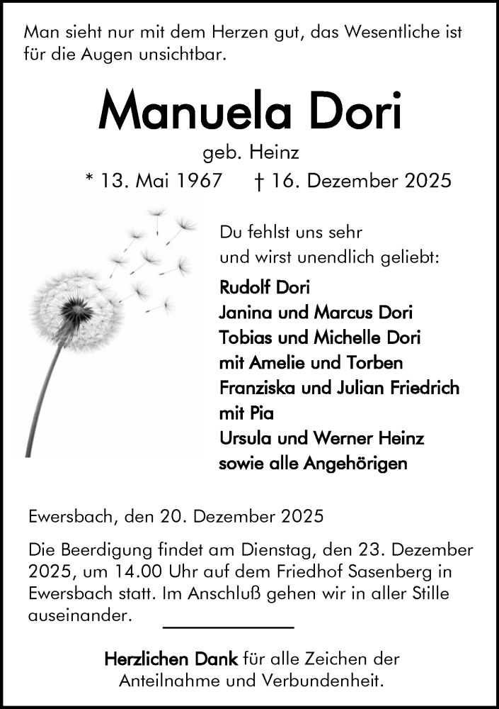  Traueranzeige für Manuela Dori vom 20.12.2025 aus Dill Block