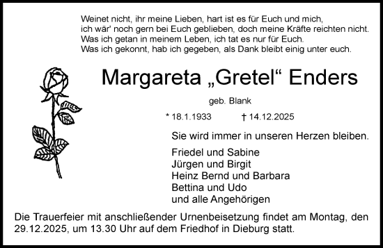 Traueranzeige von Margareta Enders von Dieburger Anzeiger/Groß-Zimmerner Lokal-Anzeiger