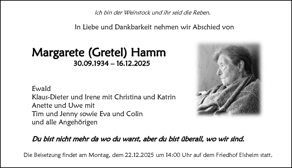 Traueranzeige für Margarete Hamm vom 20.12.2025 aus Allgemeine Zeitung Mainz