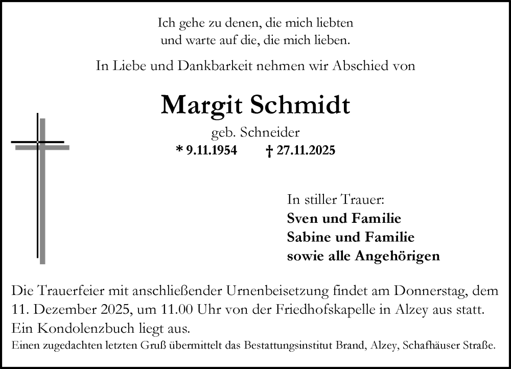  Traueranzeige für Margit Schmidt vom 06.12.2025 aus Allgemeine Zeitung Alzey