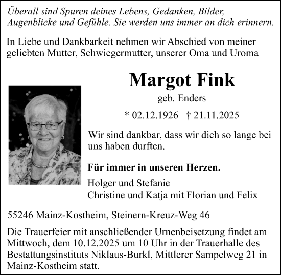 Traueranzeige von Margot Fink von Allgemeine Zeitung Mainz