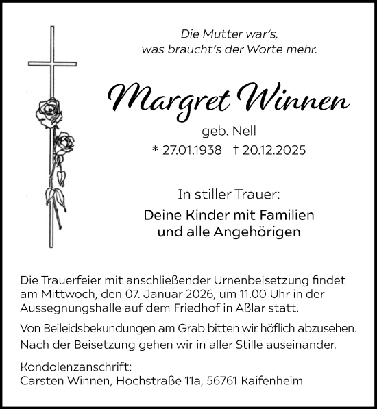 Traueranzeige von Margret Winnen von Wetzlarer Neue Zeitung