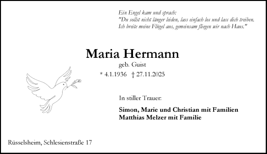 Traueranzeige von Maria Hermann von Rüsselsheimer Echo