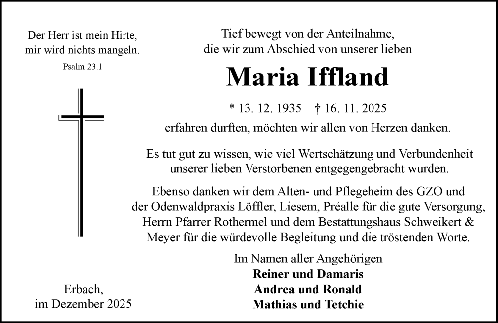  Traueranzeige für Maria Iffland vom 20.12.2025 aus Odenwälder Echo