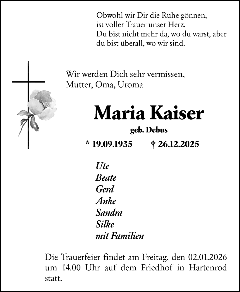  Traueranzeige für Maria Kaiser vom 30.12.2025 aus Hinterländer Anzeiger