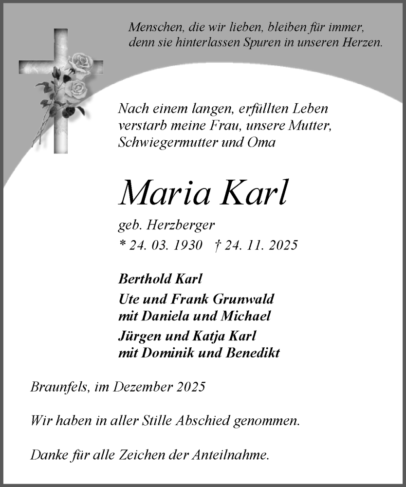  Traueranzeige für Maria Karl vom 20.12.2025 aus Wetzlarer Neue Zeitung