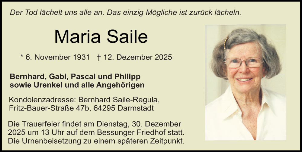  Traueranzeige für Maria Saile vom 20.12.2025 aus Darmstädter Echo