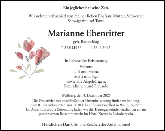 Traueranzeige von Marianne Ebenritter von Weilburger Tageblatt