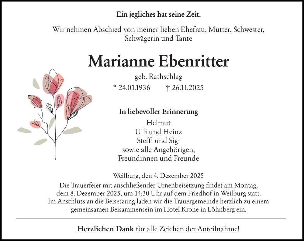  Traueranzeige für Marianne Ebenritter vom 04.12.2025 aus Weilburger Tageblatt
