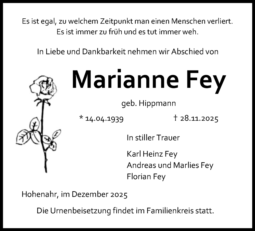  Traueranzeige für Marianne Fey vom 06.12.2025 aus Wetzlarer Neue Zeitung