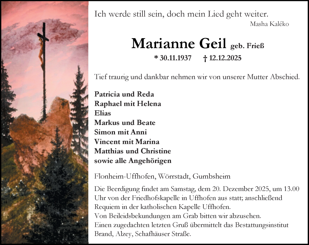  Traueranzeige für Marianne Geil vom 17.12.2025 aus Allgemeine Zeitung Alzey