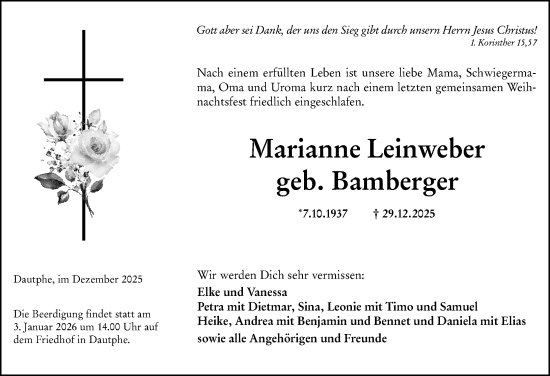 Traueranzeige von Marianne Leinweber von Hinterländer Anzeiger