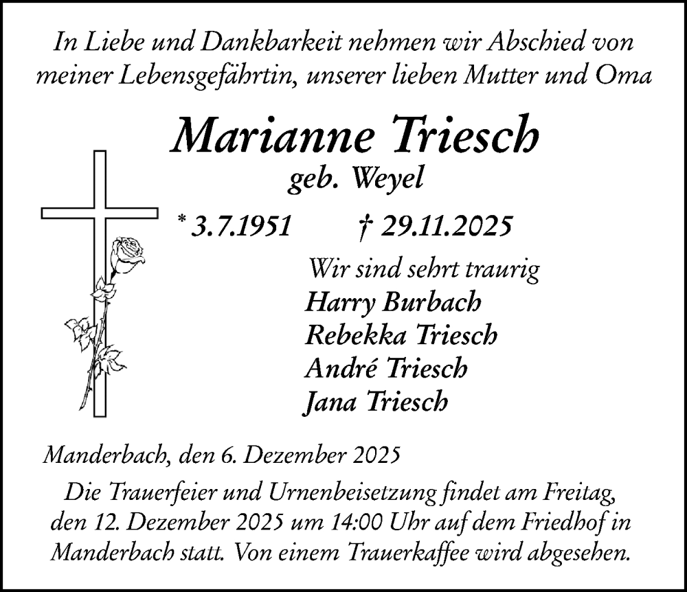  Traueranzeige für Marianne Triesch vom 06.12.2025 aus Dill Block