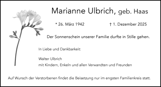 Traueranzeige von Marianne Ulbrich von Wiesbadener Kurier