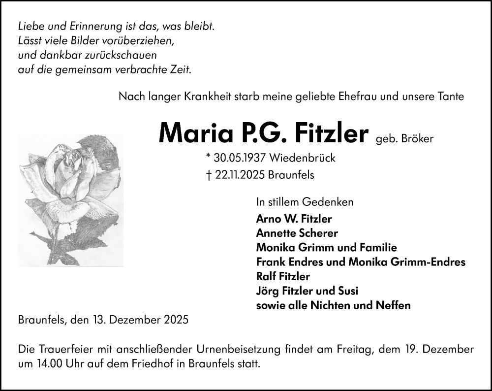  Traueranzeige für Maria P. G. Fitzler vom 13.12.2025 aus Wetzlarer Neue Zeitung