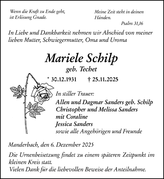 Traueranzeige von Mariele Schilp von Dill Block