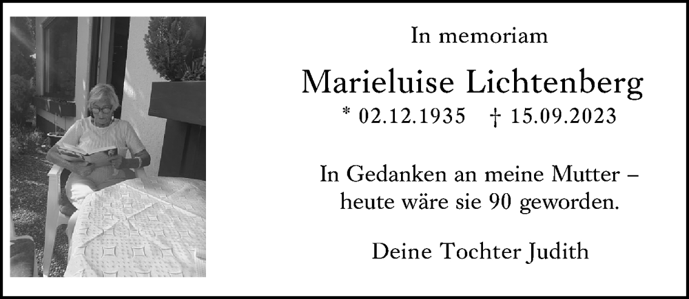  Traueranzeige für Marieluise Lichtenberg vom 02.12.2025 aus Wiesbadener Kurier