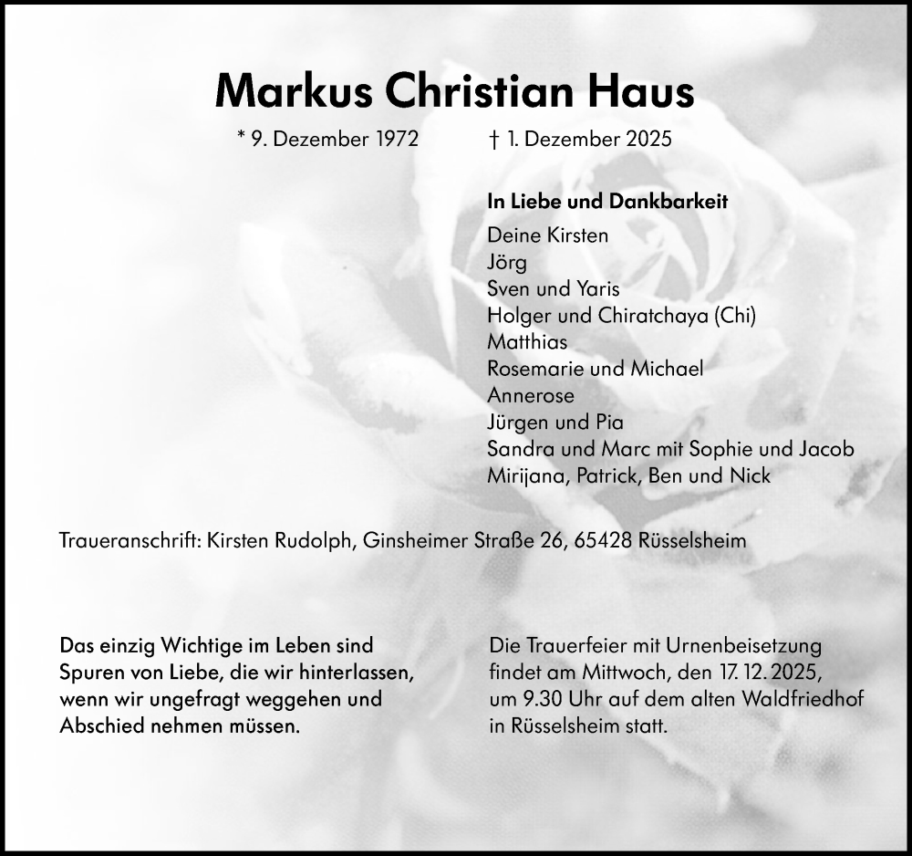  Traueranzeige für Markus Christian Haus vom 13.12.2025 aus Rüsselsheimer Echo