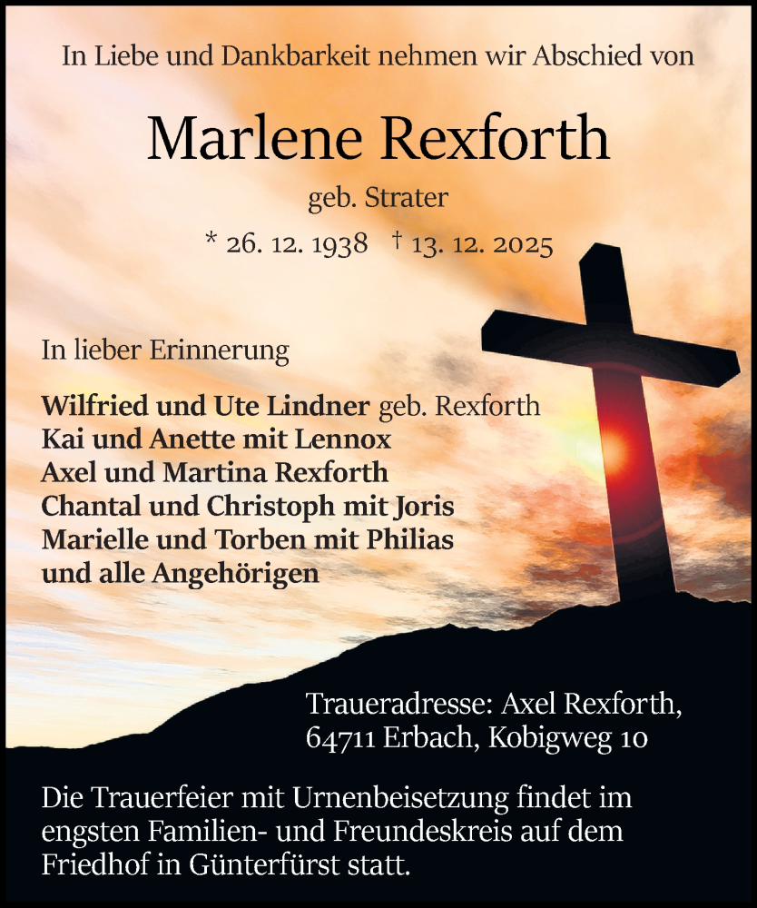  Traueranzeige für Marlene Rexforth vom 20.12.2025 aus Odenwälder Echo