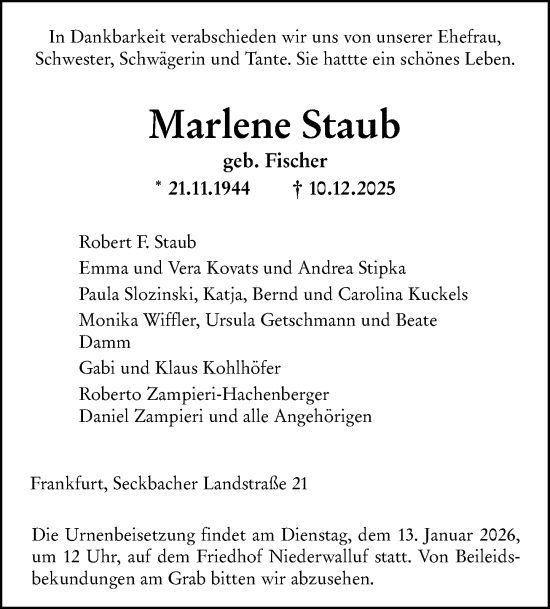Traueranzeige von Marlene Staub von Rheingau Kurier