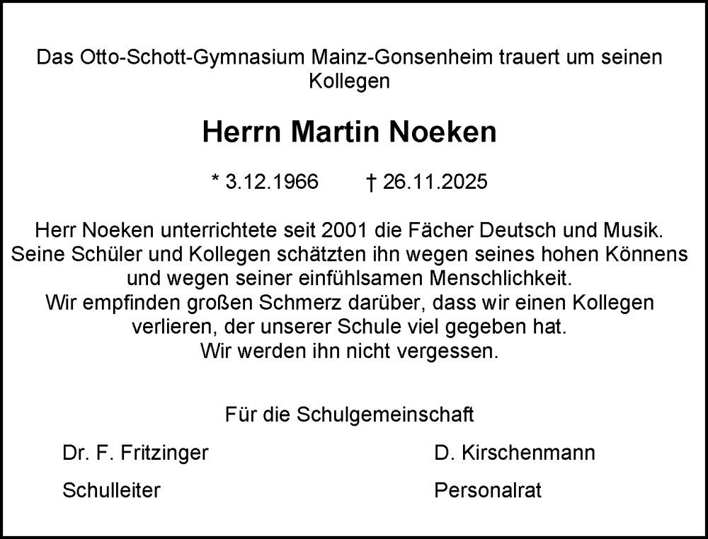  Traueranzeige für Martin Noeken vom 06.12.2025 aus Allgemeine Zeitung Mainz