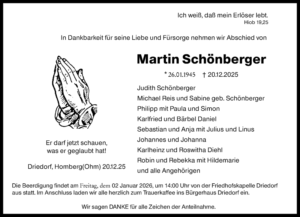  Traueranzeige für Martin Schönberger vom 30.12.2025 aus Dill Block