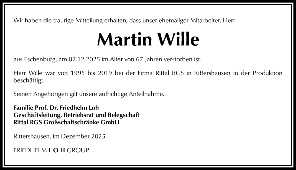  Traueranzeige für Martin Wille vom 11.12.2025 aus Dill Block