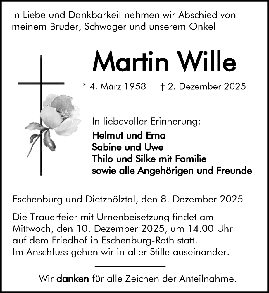 Traueranzeige für Martin Wille vom 08.12.2025 aus Dill Block