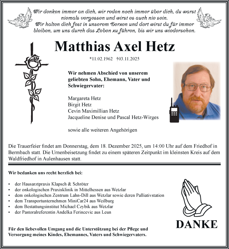  Traueranzeige für Matthias Axel Hetz vom 13.12.2025 aus Weilburger Tageblatt
