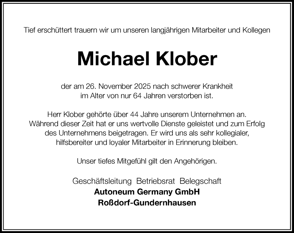  Traueranzeige für Michael Klober vom 11.12.2025 aus Starkenburger Echo