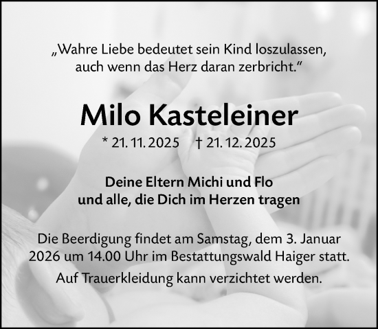 Traueranzeige von Milo Kasteleiner von Dill Block