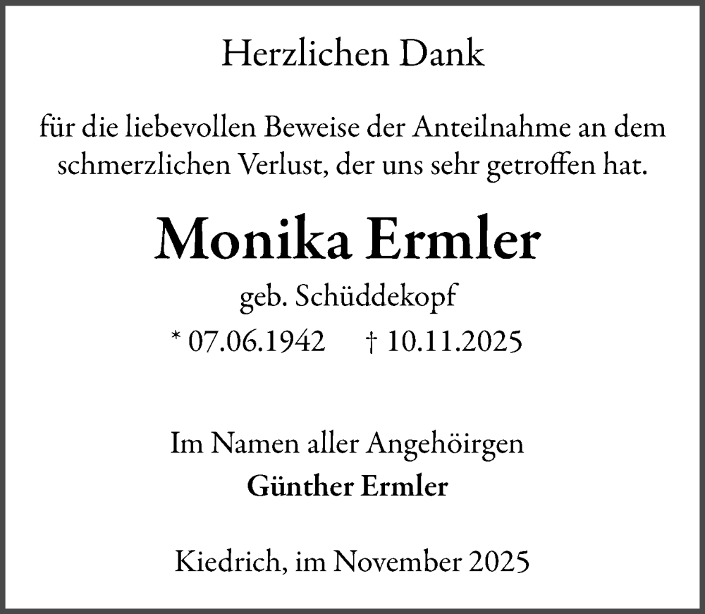  Traueranzeige für Monika Ermler vom 06.12.2025 aus Rheingau Kurier