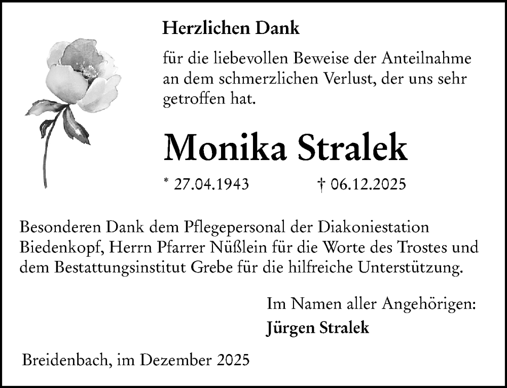  Traueranzeige für Monika Stralek vom 29.12.2025 aus Hinterländer Anzeiger