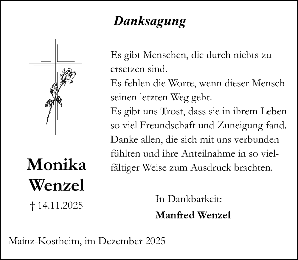  Traueranzeige für Monika Wenzel vom 19.12.2025 aus Hochheimer Zeitung