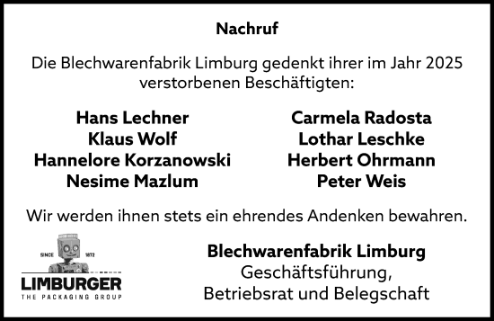 Traueranzeige von Nachruf d. Blechwarenfabrik Limburg  von Weilburger Tageblatt