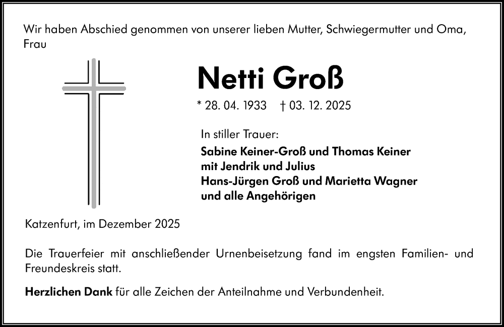  Traueranzeige für Netti Groß vom 13.12.2025 aus Wetzlarer Neue Zeitung