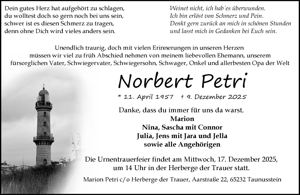  Traueranzeige für Norbert Petri vom 13.12.2025 aus Wiesbadener Kurier